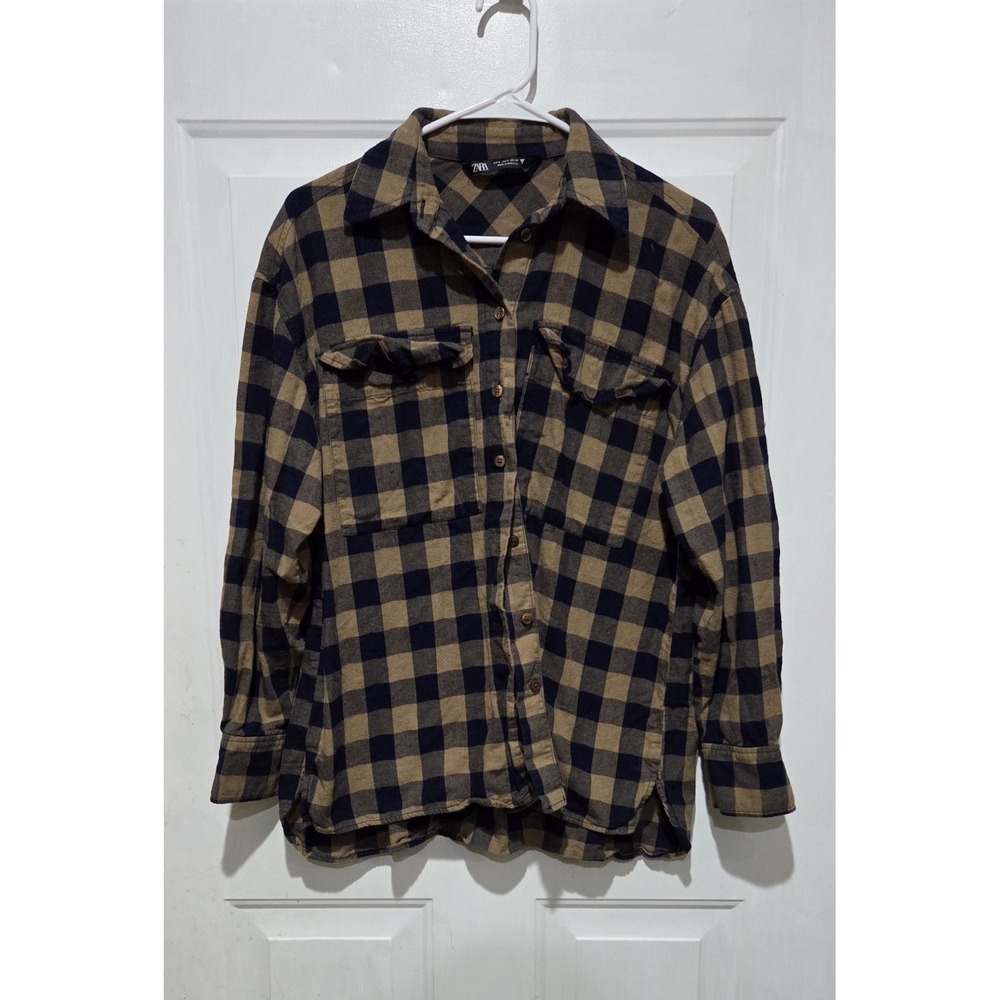 Zara Brown & Navy Plaid Button Up Flannel Long Sleeve Shirt Women S